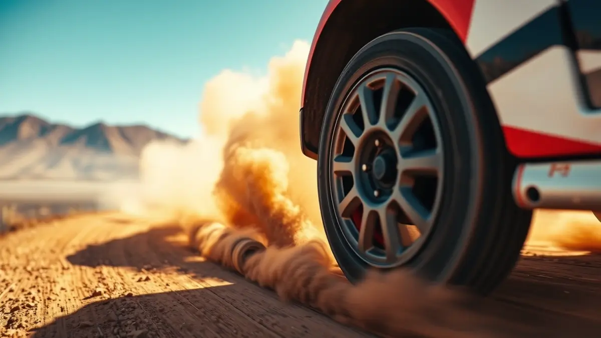 Image of a rally car on a dirt track with a volcanic landscape in the background.