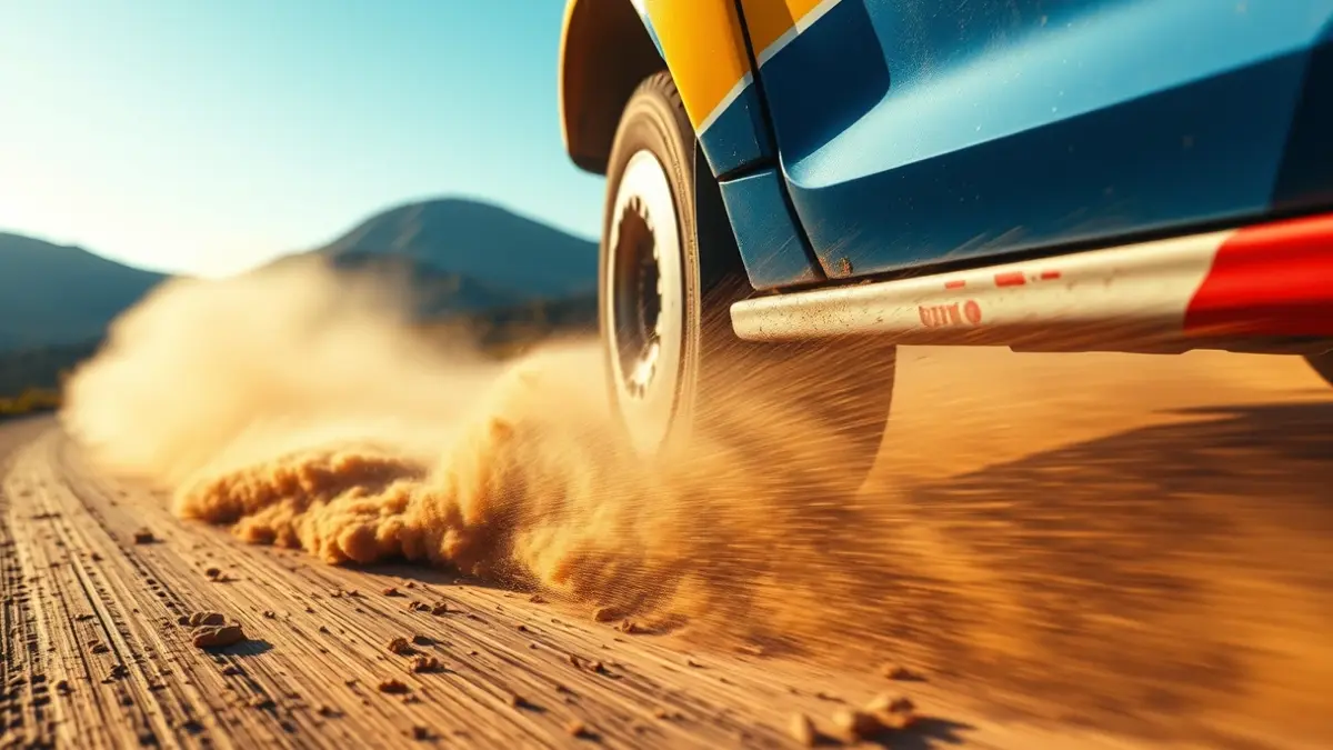 Imagen de un neumático de coche de rally levantando polvo en una pista de tierra en Gran Canaria.