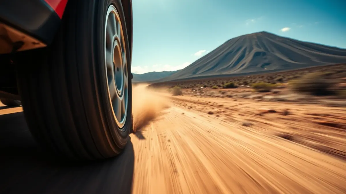 Imagen de un neumático de coche de rally en una pista de tierra, con el paisaje volcánico de Canarias de fondo.