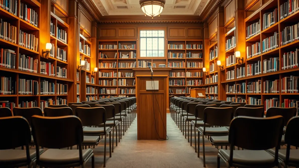 Generic image of a library interior with wooden bookshelves and a podium with a microphone, evoking a literary presentation atmosphere.
