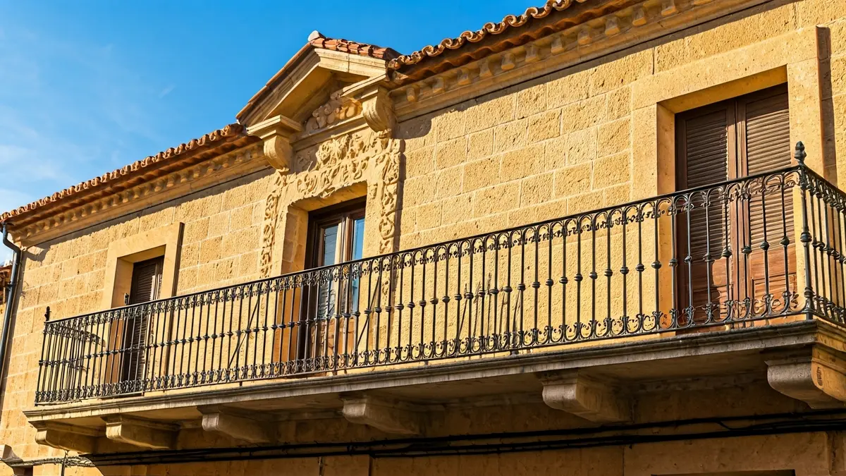 Fachada de un edificio tradicional de piedra en Teror, Gran Canaria, con un balcón de hierro forjado bajo la luz del sol.