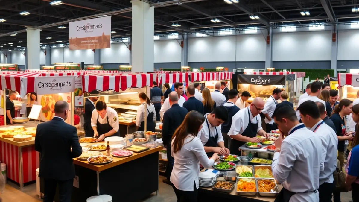 Image of a gastronomic event with food stalls and chefs.