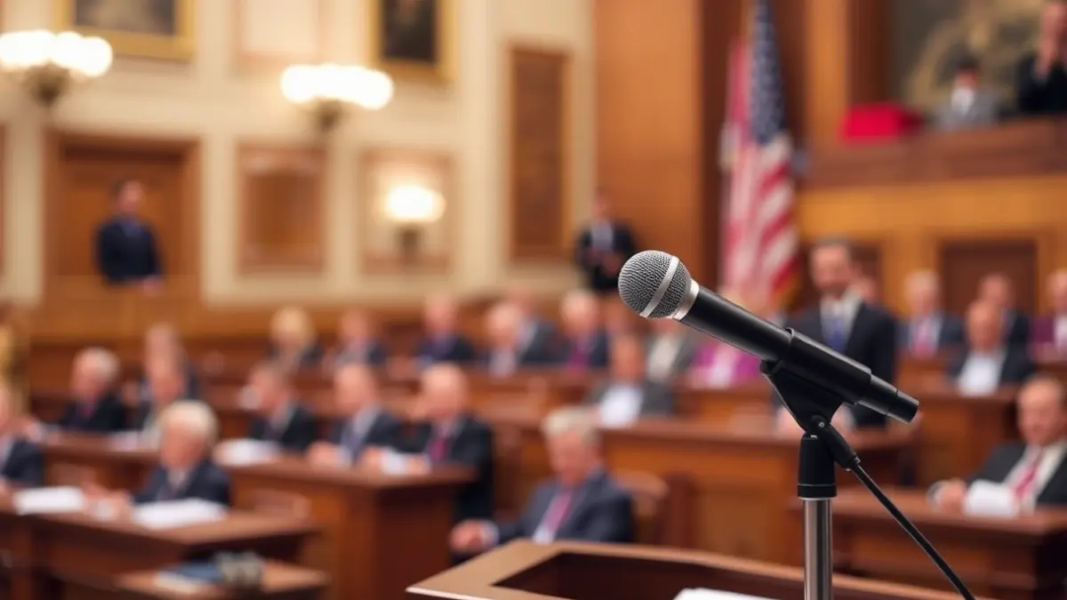 Generic image of a microphone on a podium in a legislative chamber.