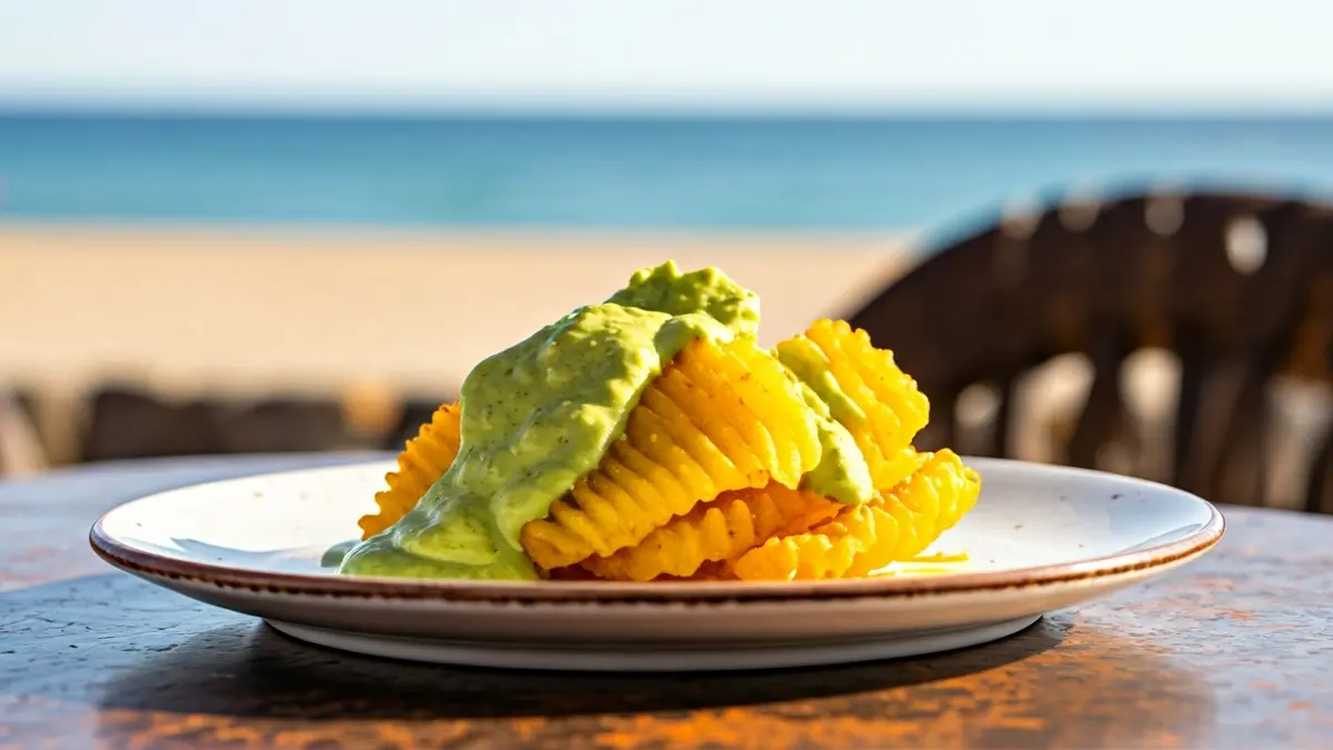 Image of wrinkled potatoes with mojo sauce in a beach restaurant.
