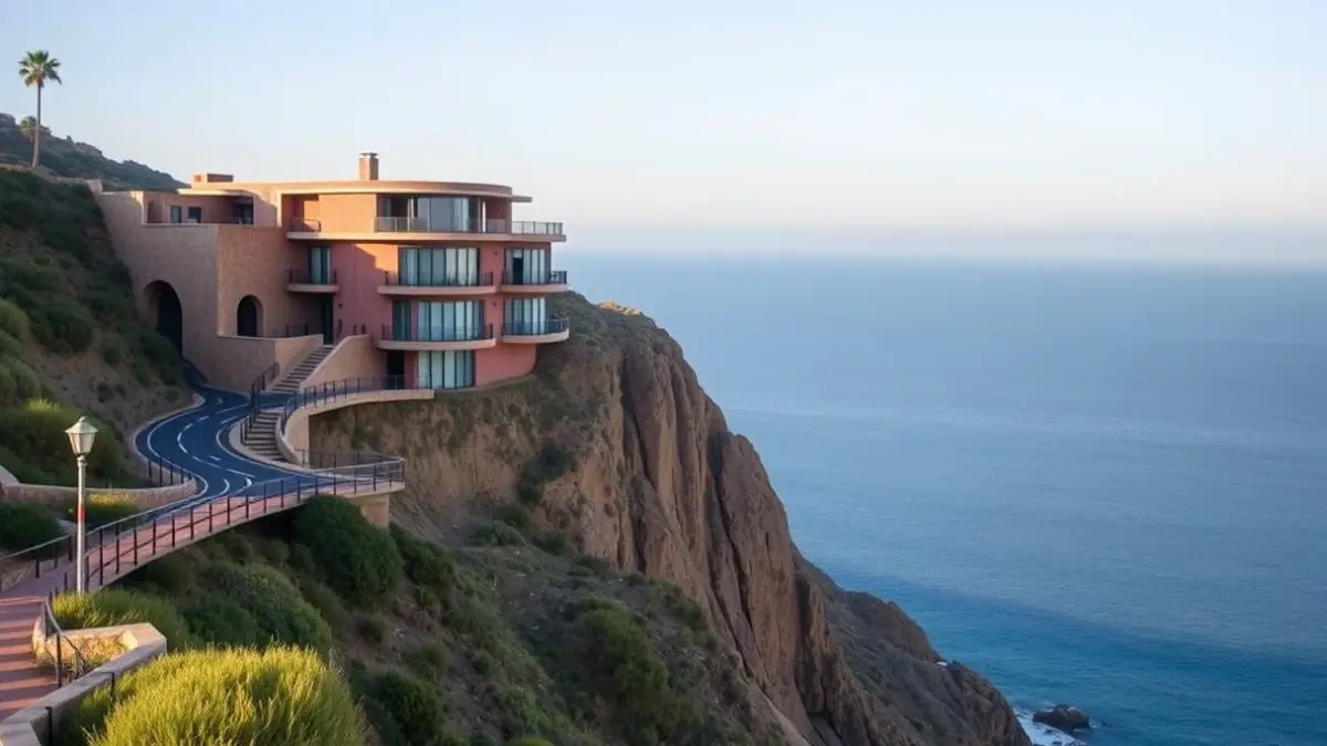 Los Ficus building in Mesa del Mar, Tacoronte, with a road on its roof.