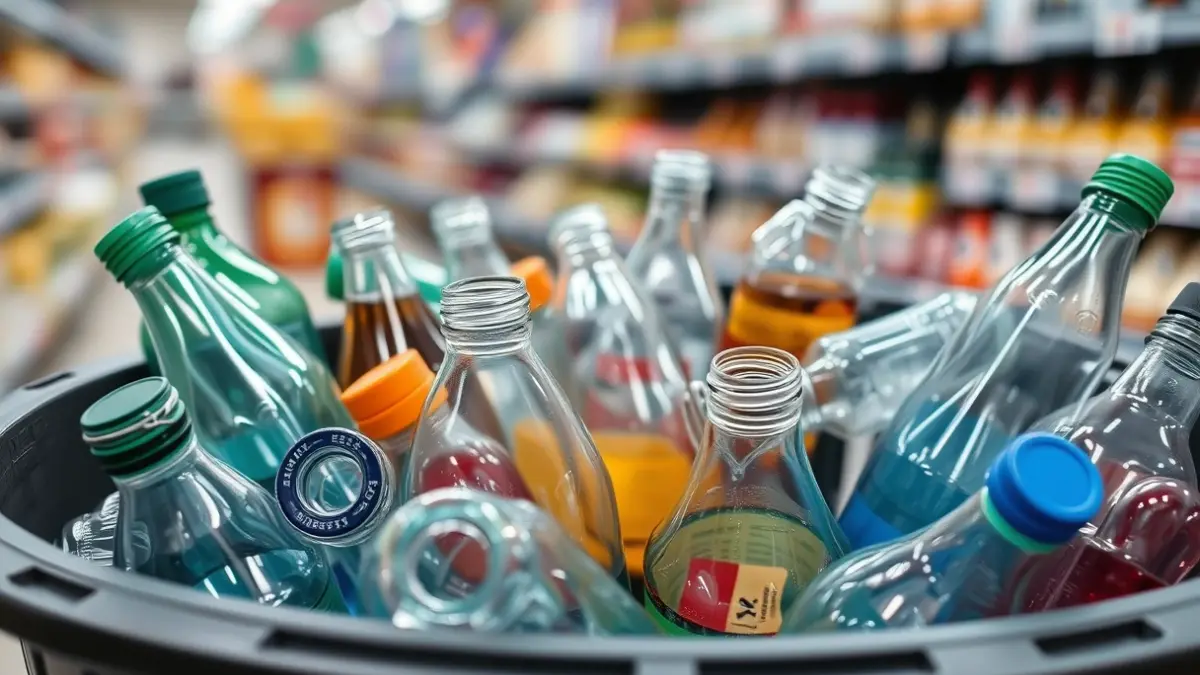 Generic image of plastic and glass containers in a recycling bin.
