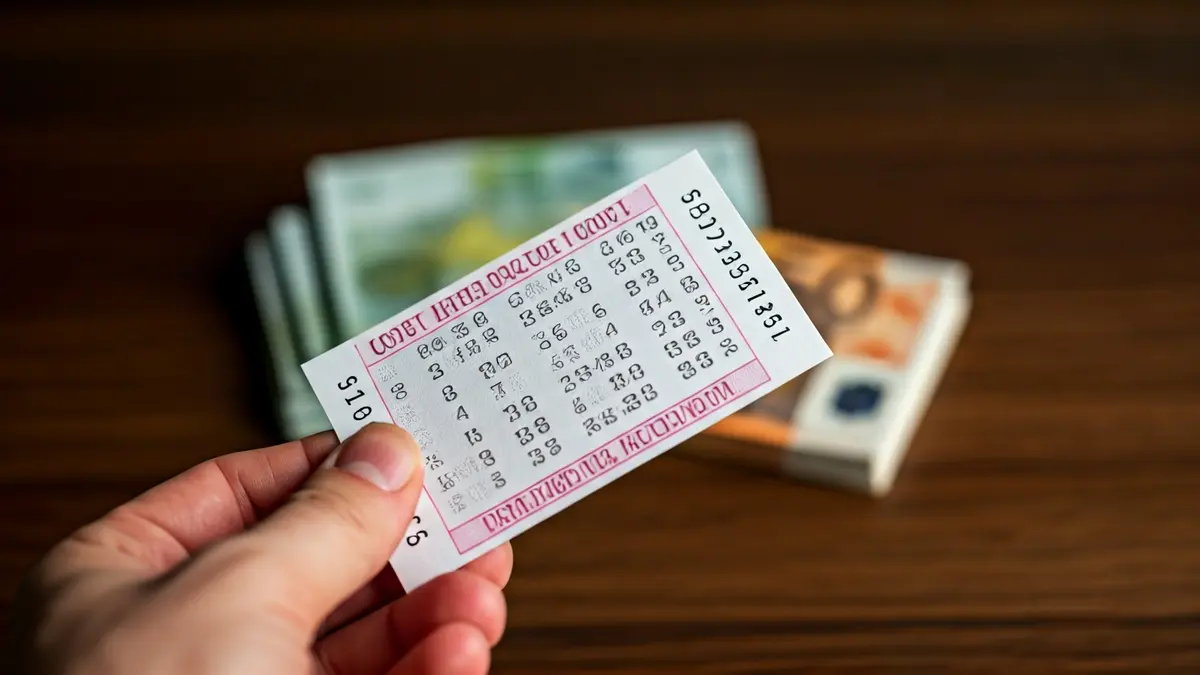 Imagen genérica de una mano sosteniendo un cupón de lotería con billetes de euro al fondo.