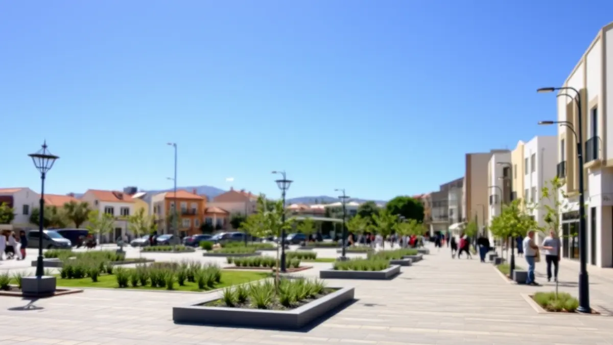Vista de la nueva Plaza del T-8 en El Tablero, San Bartolomé de Tirajana, con áreas verdes y pavimento moderno.