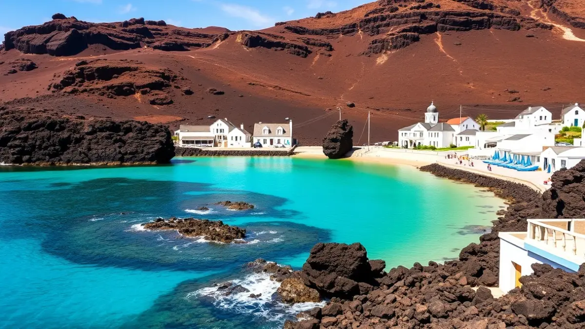 Aerial view of a coastal village with white houses, black volcanic rocks, and turquoise sea in the Canary Islands.