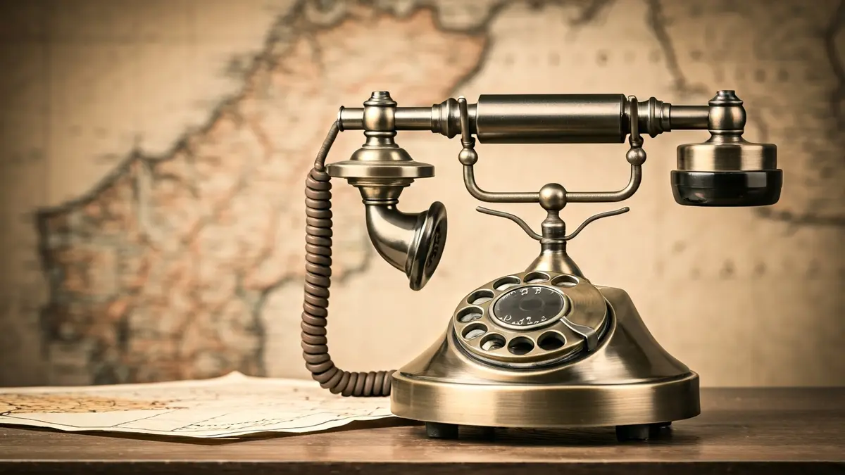 Image of an old rotary telephone on a wooden desk, with blurred maps of the Canary Islands in the background.