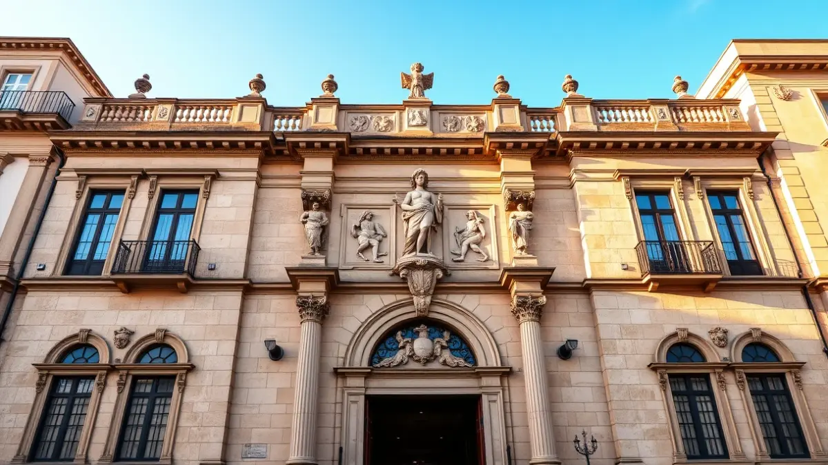 Fachada de un edificio histórico con elementos clásicos en Santa Cruz de Tenerife.