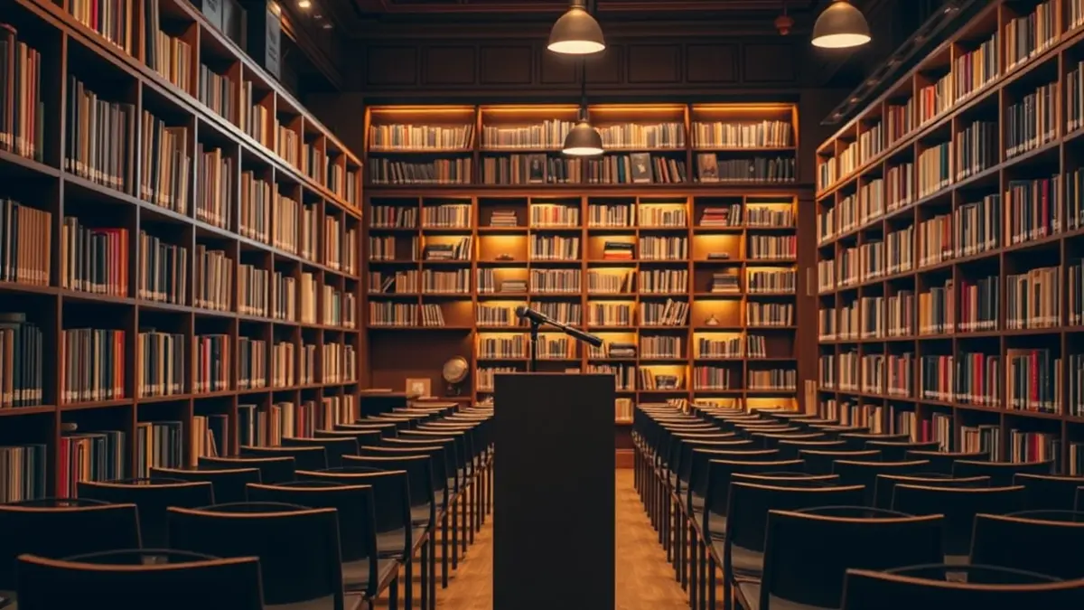 Generic image of a concert or cultural presentation stage with a microphone and empty chairs.