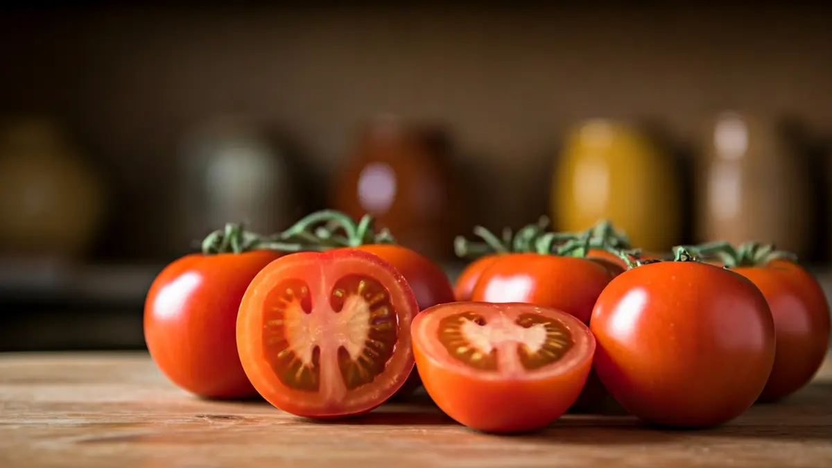 Generic image of fresh tomatoes, some sliced, on a wooden table.