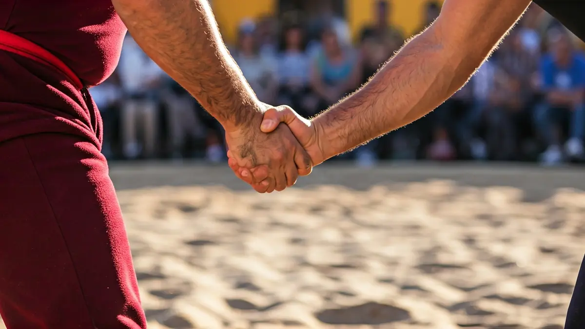 Image of two Canarian wrestlers in a 'terrero'.
