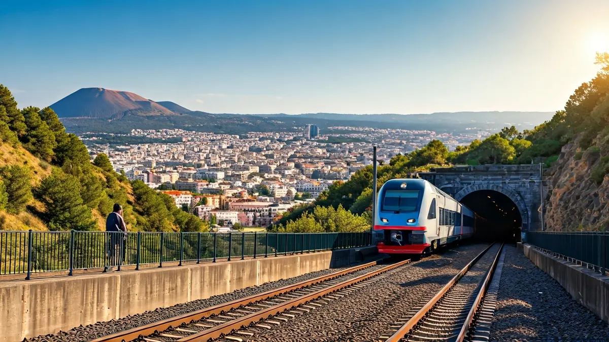 Image of a train exiting a tunnel in a volcanic landscape, with a city in the background.