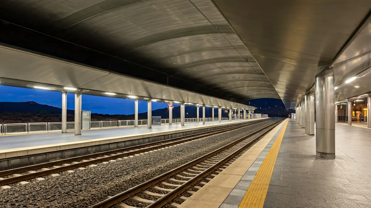 Imagen genérica de una estación de tren moderna al atardecer en Canarias.