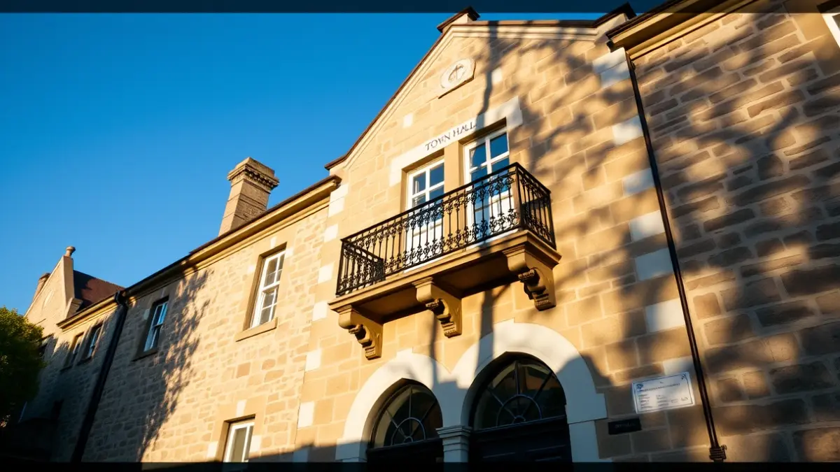 Fachada de un ayuntamiento de piedra con balcón y barandillas de hierro, bajo la luz del sol de la tarde.