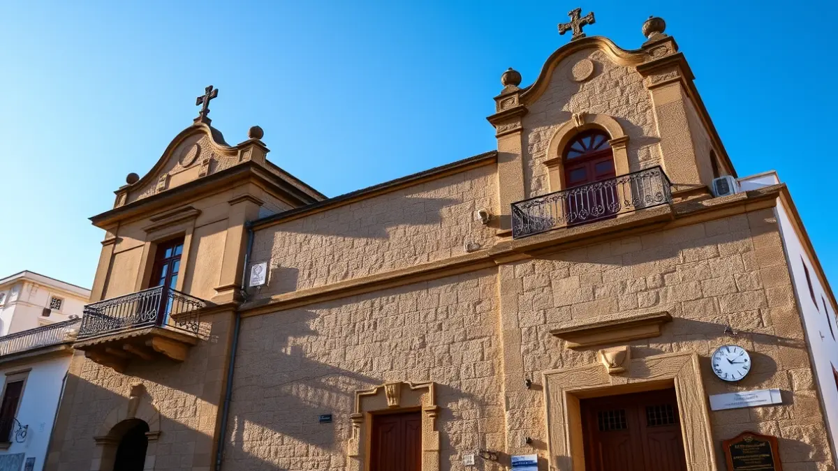 Fachada de un ayuntamiento canario con balcón y barandillas de hierro, bajo la luz del sol.