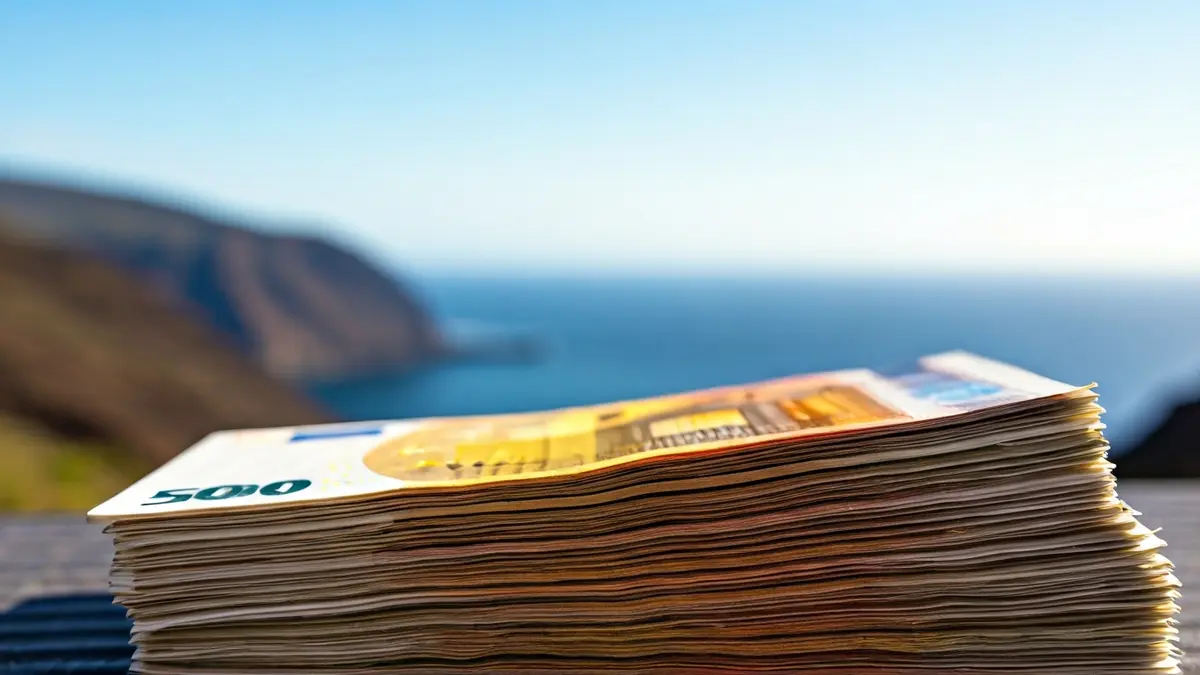 Imagen genérica de billetes de diferentes monedas, con un paisaje canario de fondo, simbolizando la economía y el turismo.