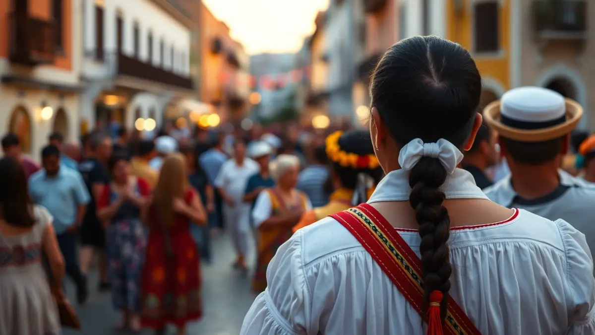Image of a traditional celebration in a Canarian square, with people dressed in typical costumes.