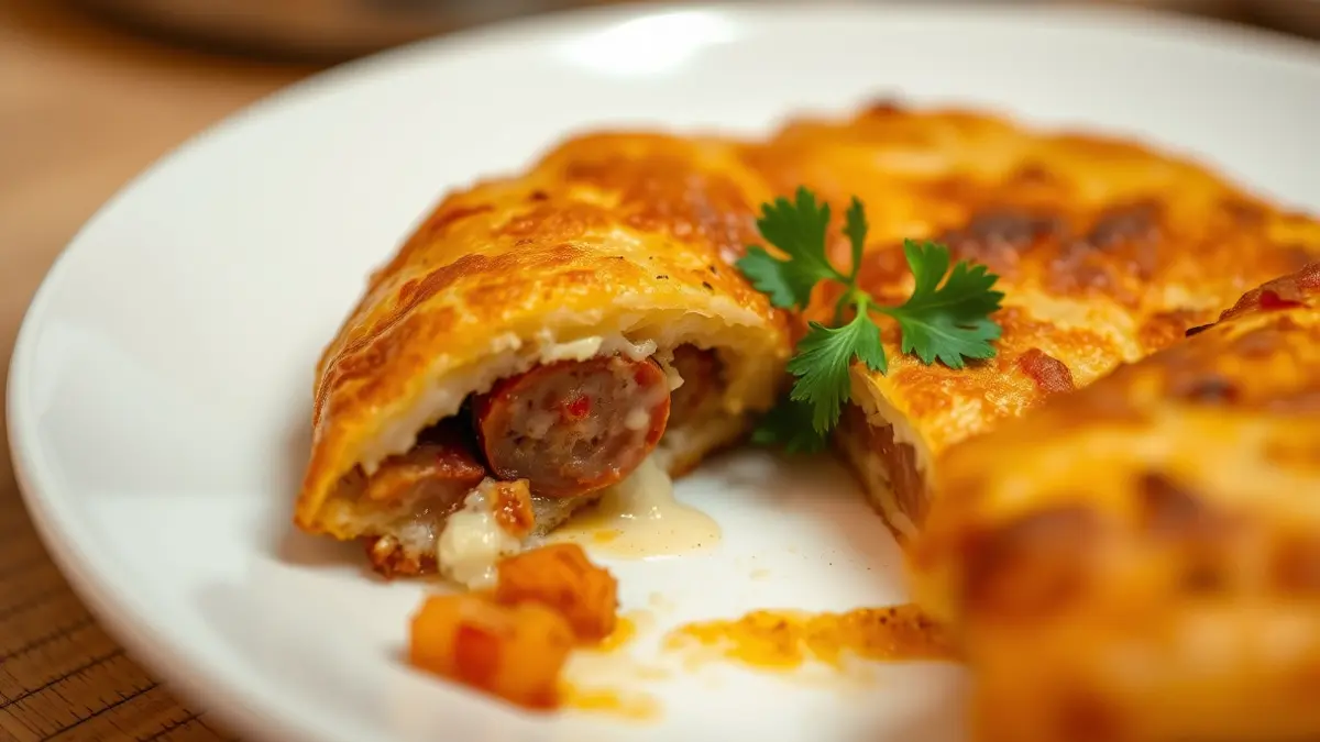 Imagen de un cachopo recién hecho con chorizo de Teror y queso fundido.