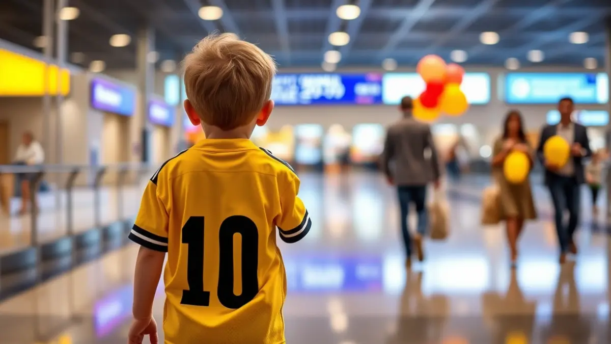Imagen de un niño con una camiseta de fútbol en un aeropuerto, rodeado de globos y personas celebrando su regreso.
