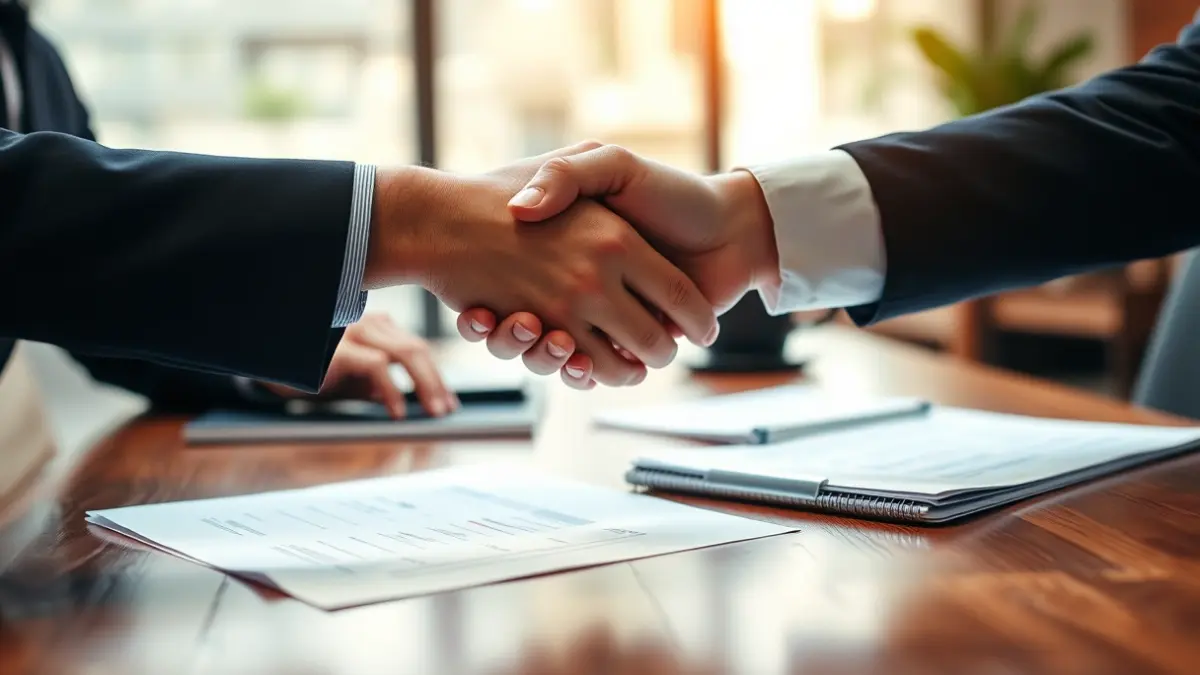 Imagen genérica de dos personas dándose la mano en un entorno de oficina, simbolizando un acuerdo o colaboración empresarial.