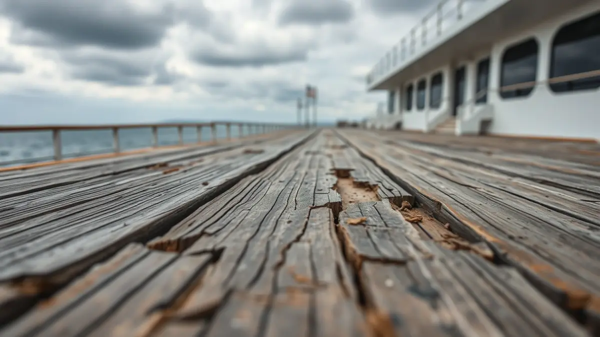 Imagen de un solárium de madera dañado junto al mar.