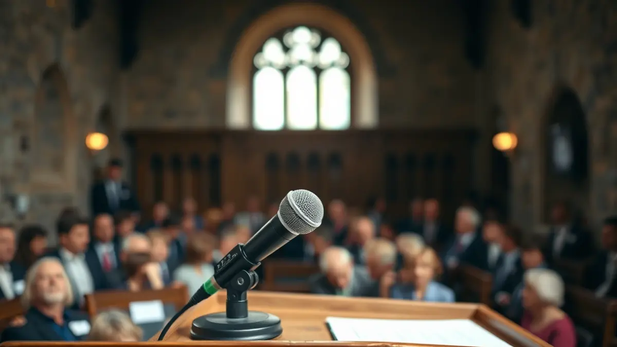 Generic image of a microphone on a podium in an old hall, with blurred figures in the background.