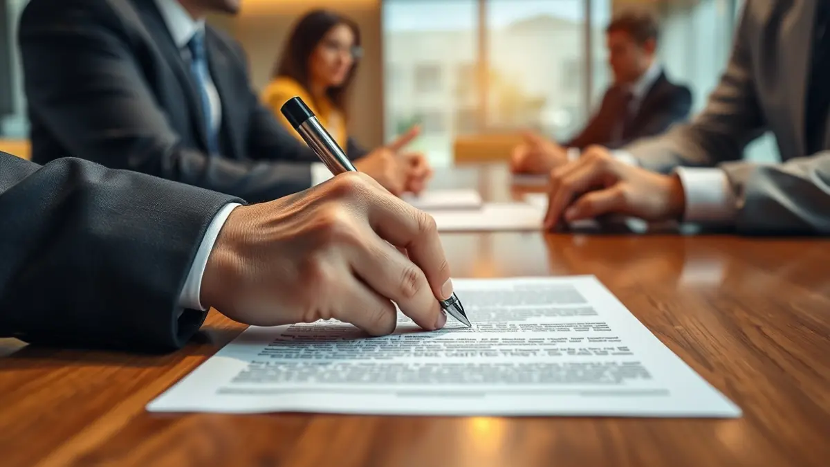 Imagen genérica de manos firmando un documento en una mesa de madera, simbolizando colaboración profesional.