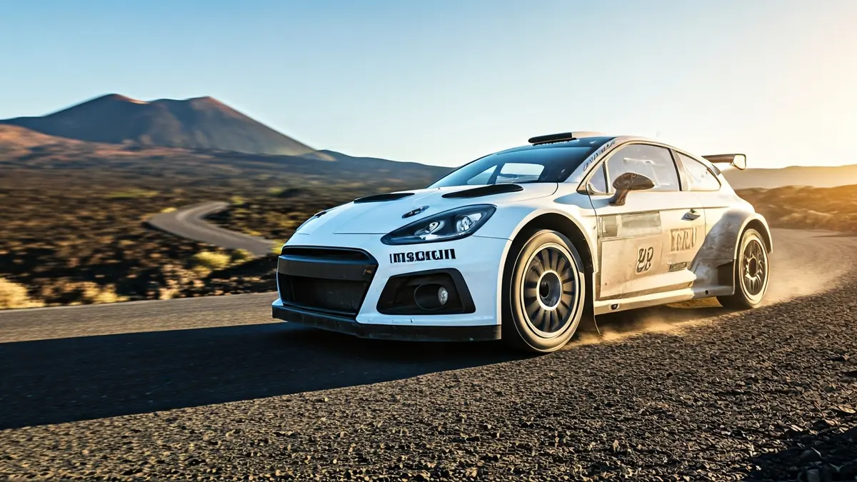 Imagen de un neumático de coche de rally en una carretera de tierra, con un paisaje volcánico de fondo.