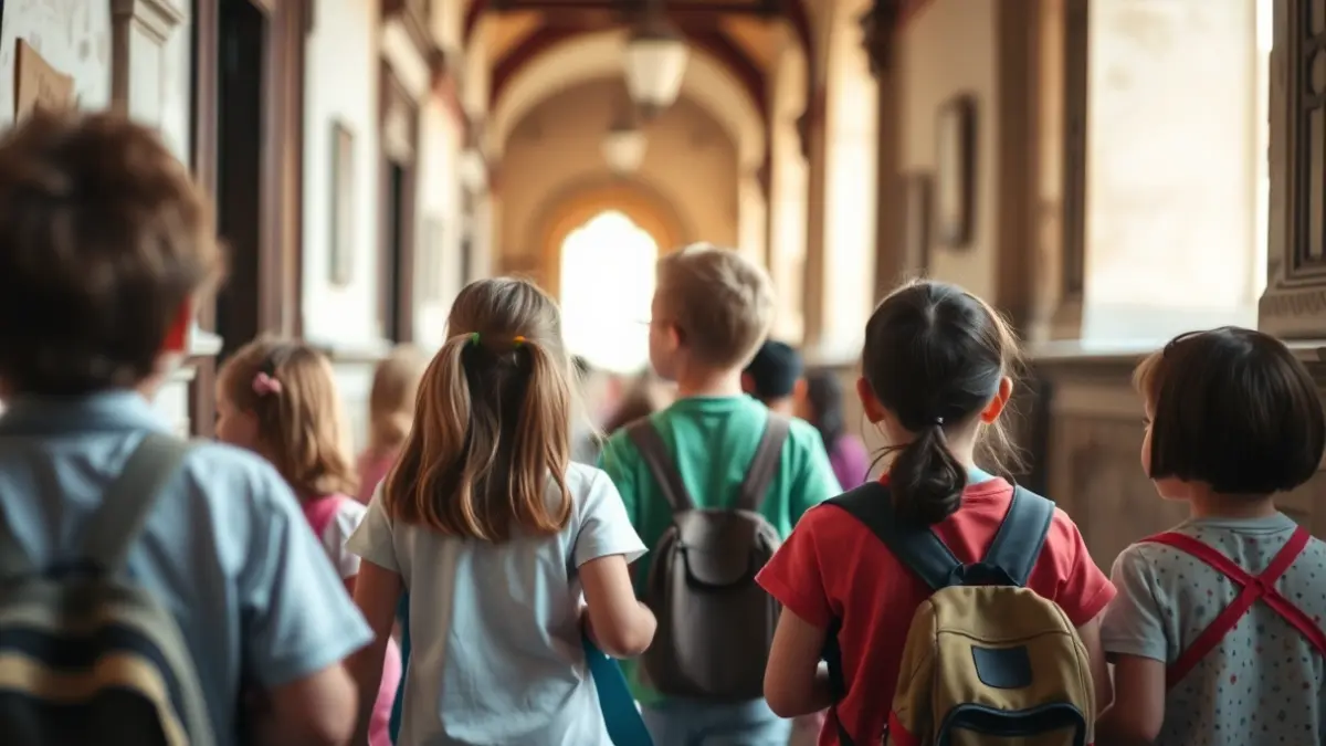 Imagen genérica de niños visitando un edificio histórico o institución pública.