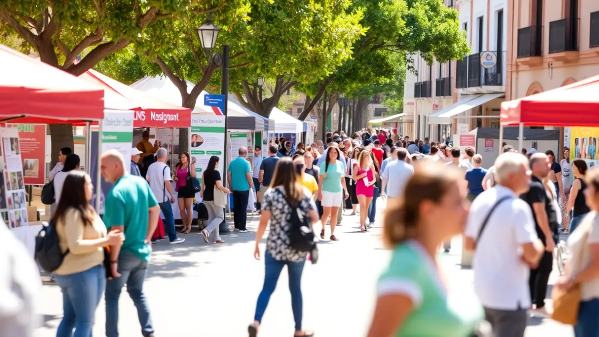 Image of an outdoor health fair in a town square, with informational booths and people participating.