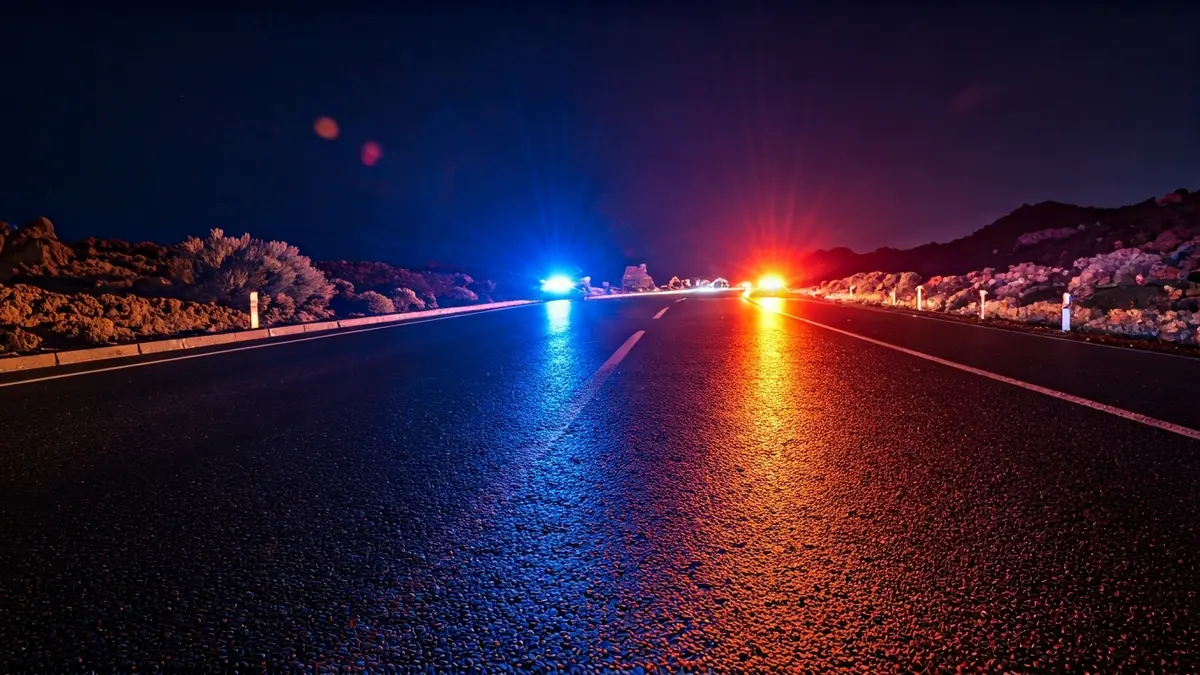 Generic image of emergency lights reflected on wet asphalt.