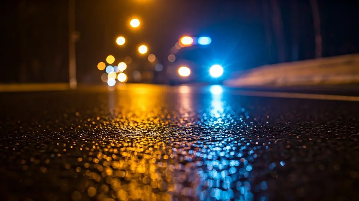 Imagen genérica de luces de emergencia reflejadas en asfalto mojado.