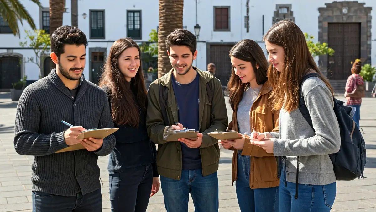 Image of university students conducting surveys with citizens in a Canarian urban setting.