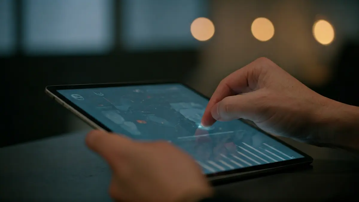 Imagen genérica de una mano interactuando con una tableta que muestra una simulación de negocios.