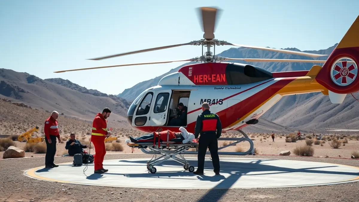 Imagen de un helicóptero de emergencia aterrizando en una helisuperficie con personal médico.