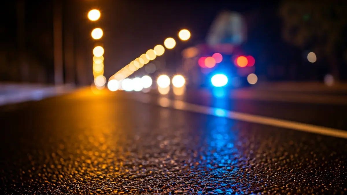 Generic image of emergency lights reflected on wet asphalt.