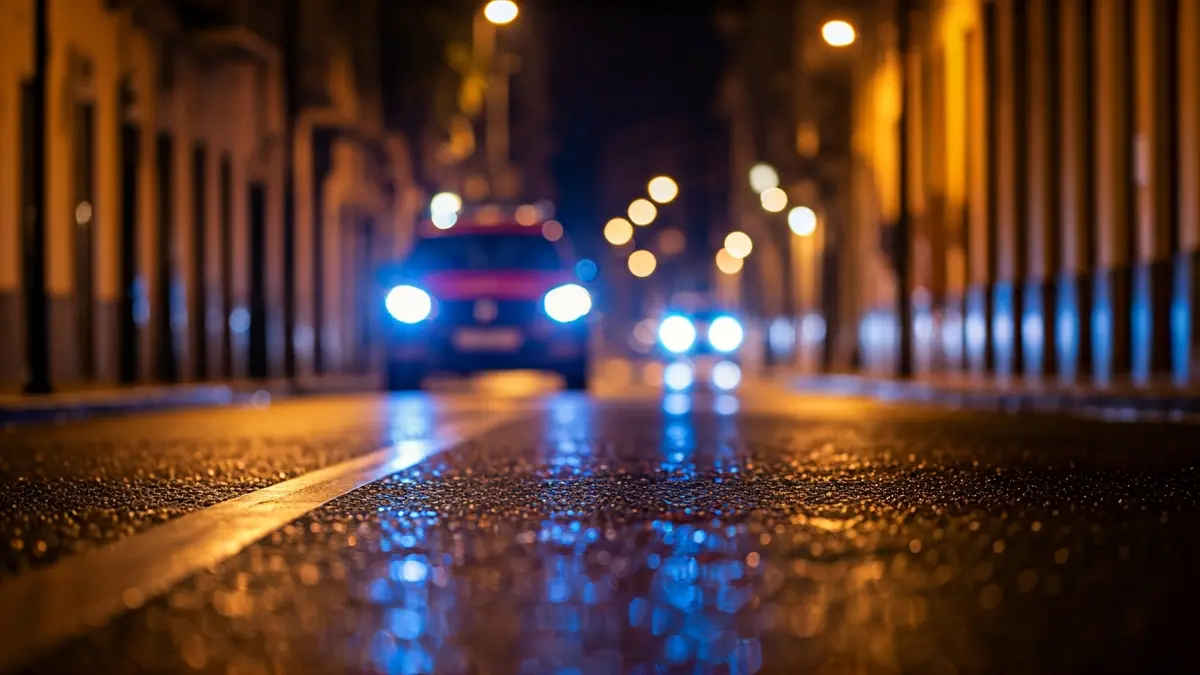 Generic image of emergency lights reflecting on wet asphalt on an urban street.