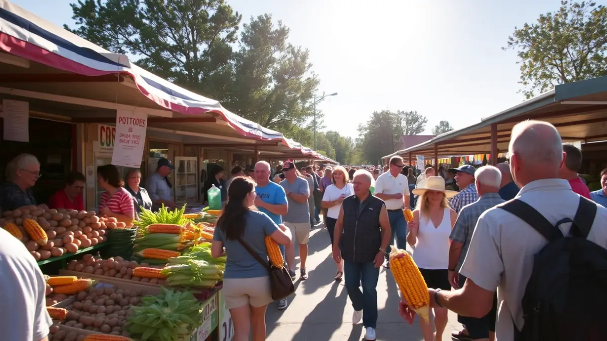 Imagen de una feria agrícola con puestos de productos frescos y gente paseando bajo el sol.