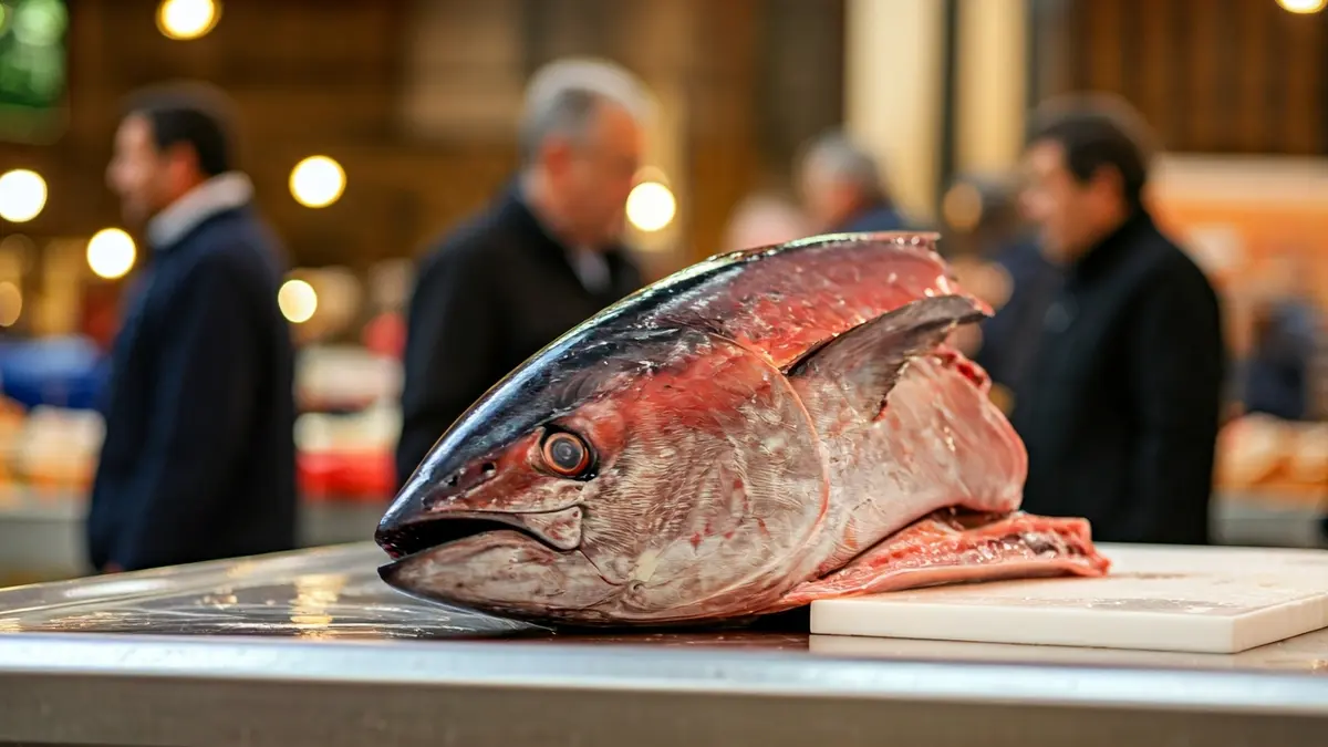 Imagen de un atún rojo siendo despiezado en una feria gastronómica.