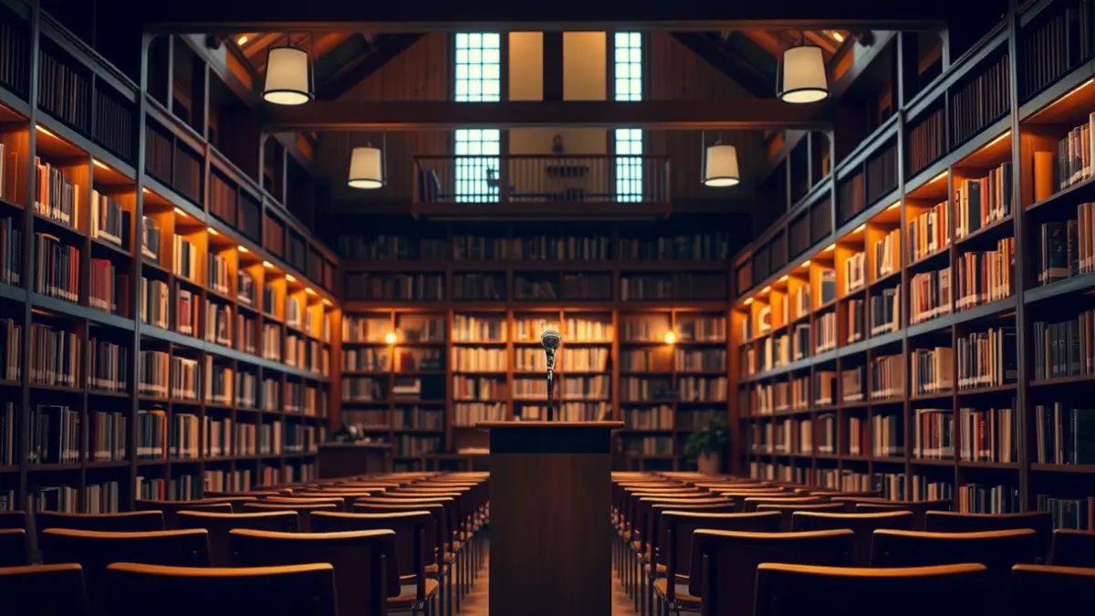 Imagen genérica de un interior de biblioteca con estanterías de madera y un podio con micrófono.