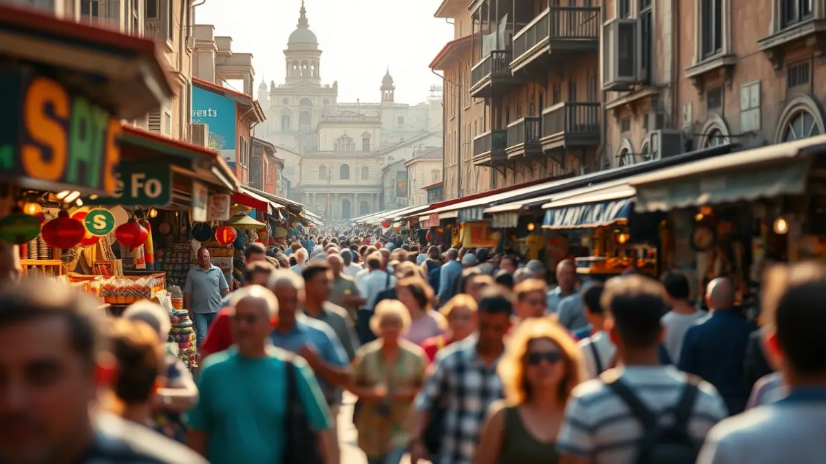 Imagen de un mercado tradicional en un casco histórico con mucha gente y actividad.