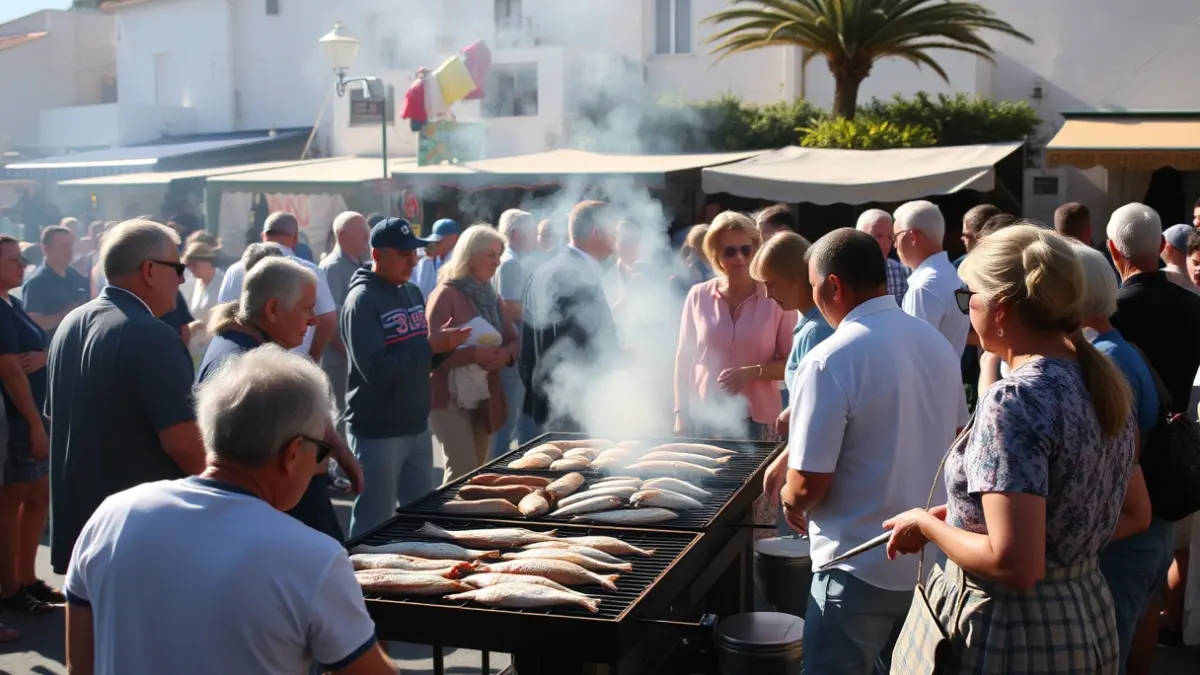 Imagen de un asadero popular de pescado en un ambiente festivo.