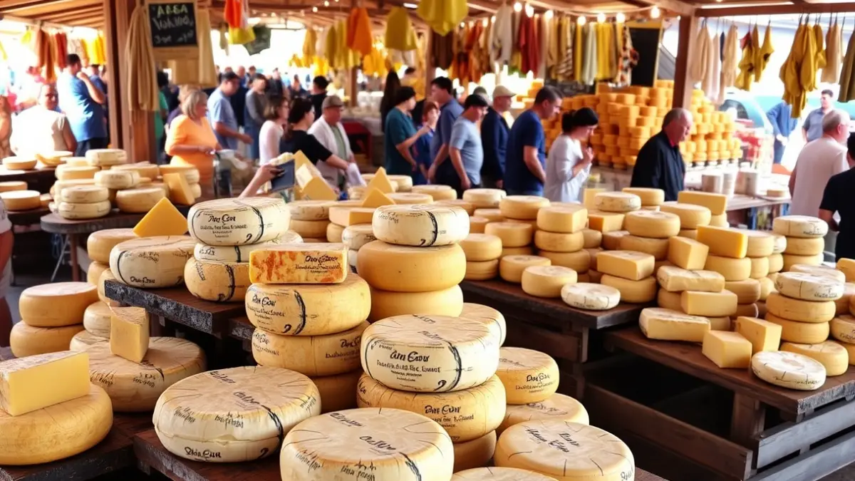 Imagen de una feria de quesos con diversas variedades expuestas y gente comprando.