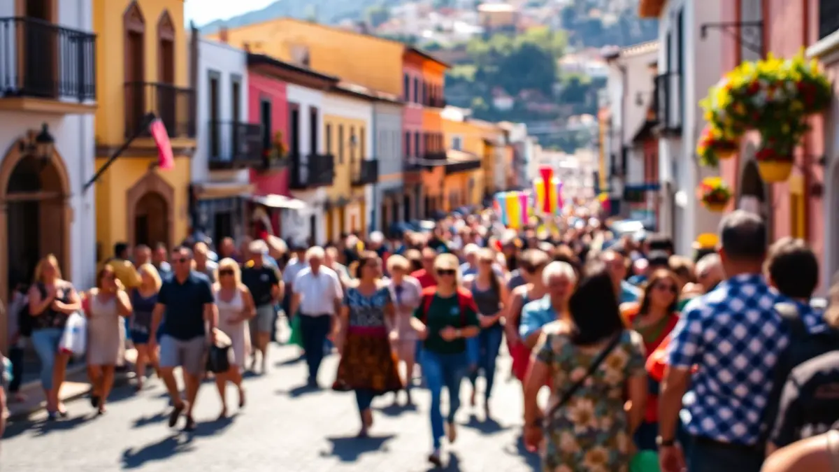 Imagen de una romería tradicional en un pueblo canario, con gente y elementos festivos.