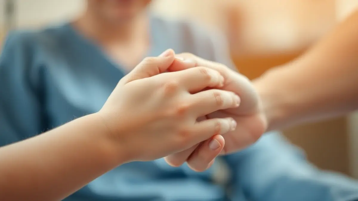 Generic image of a child's hand holding an adult's hand, symbolizing care and support.