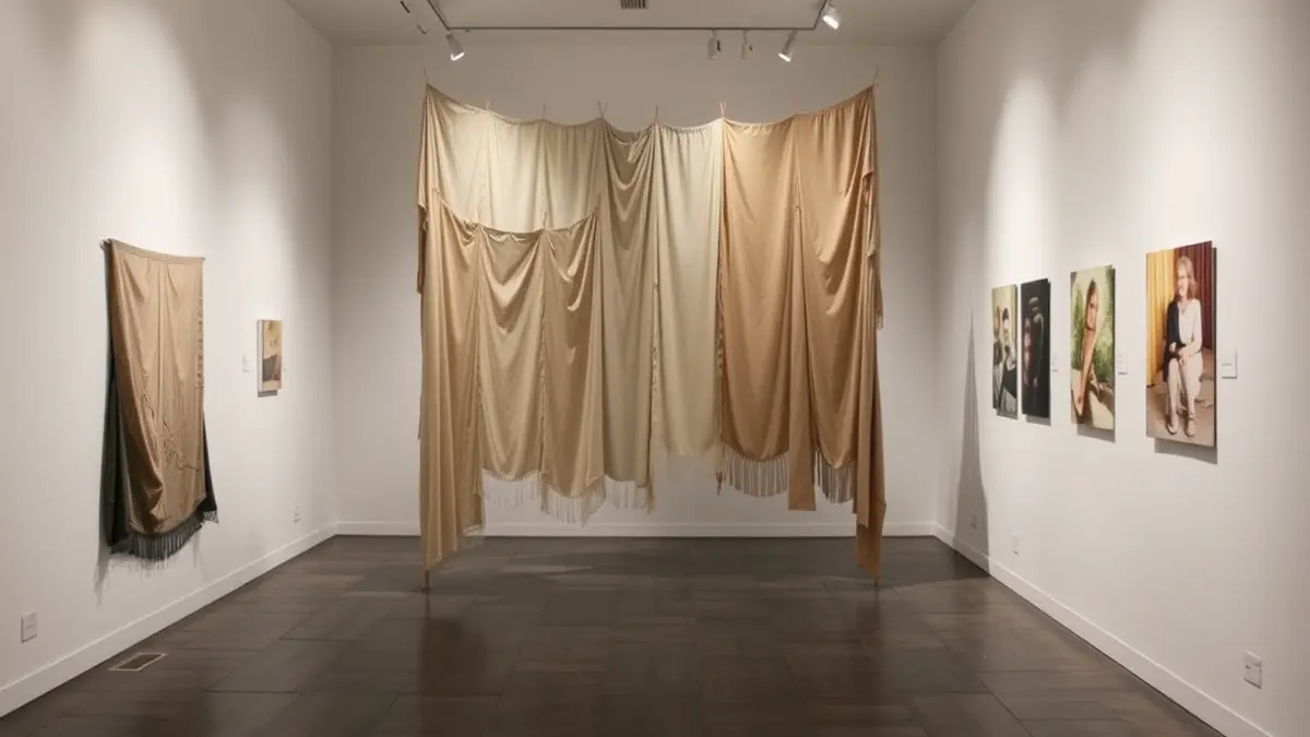 Imagen de una instalación artística textil en una galería.