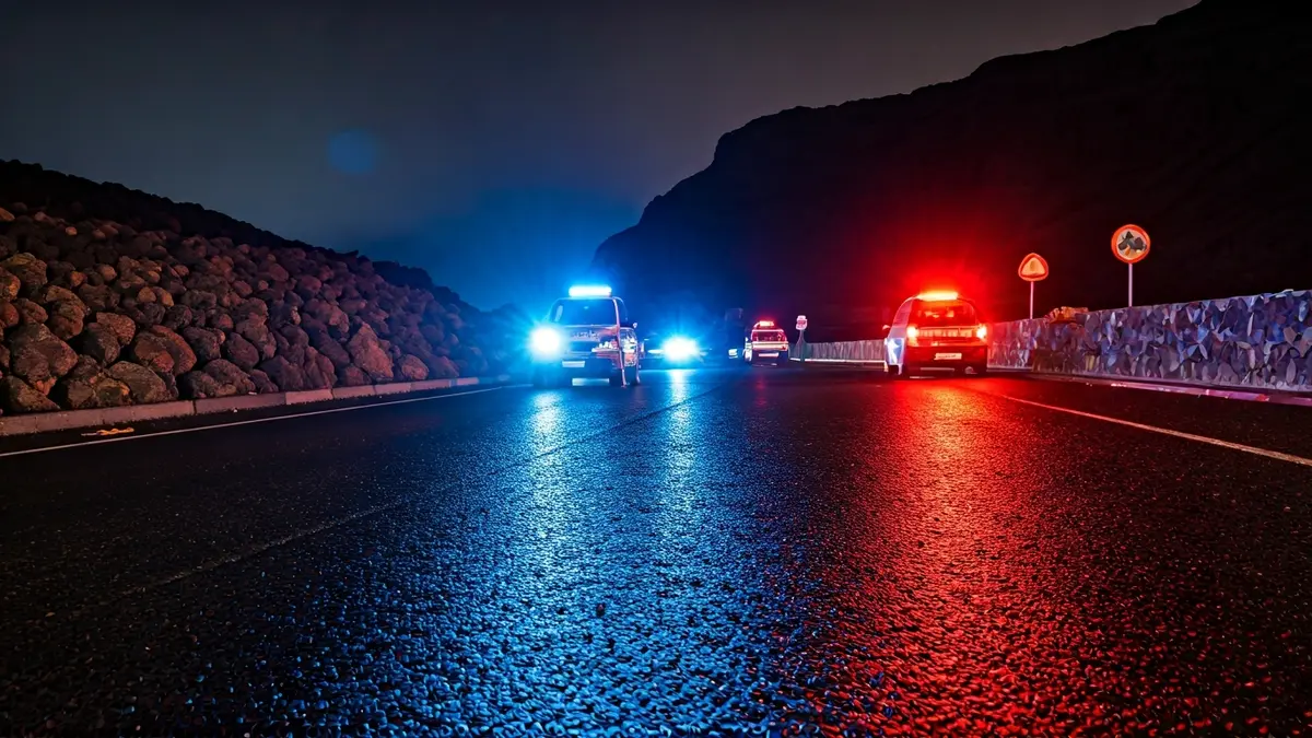 Generic image of emergency lights reflected on wet asphalt.